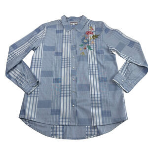 Johnny Was Zanzibar Shirt Womens Medium Embroidered Patchwork Floral Birds